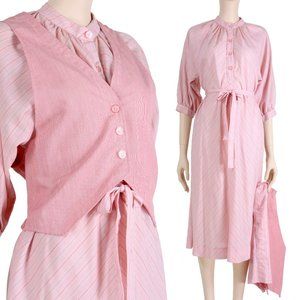 L Vintage 1970s Pink Pin Chevron Stripe Dress Vest Ensemble Set 70s